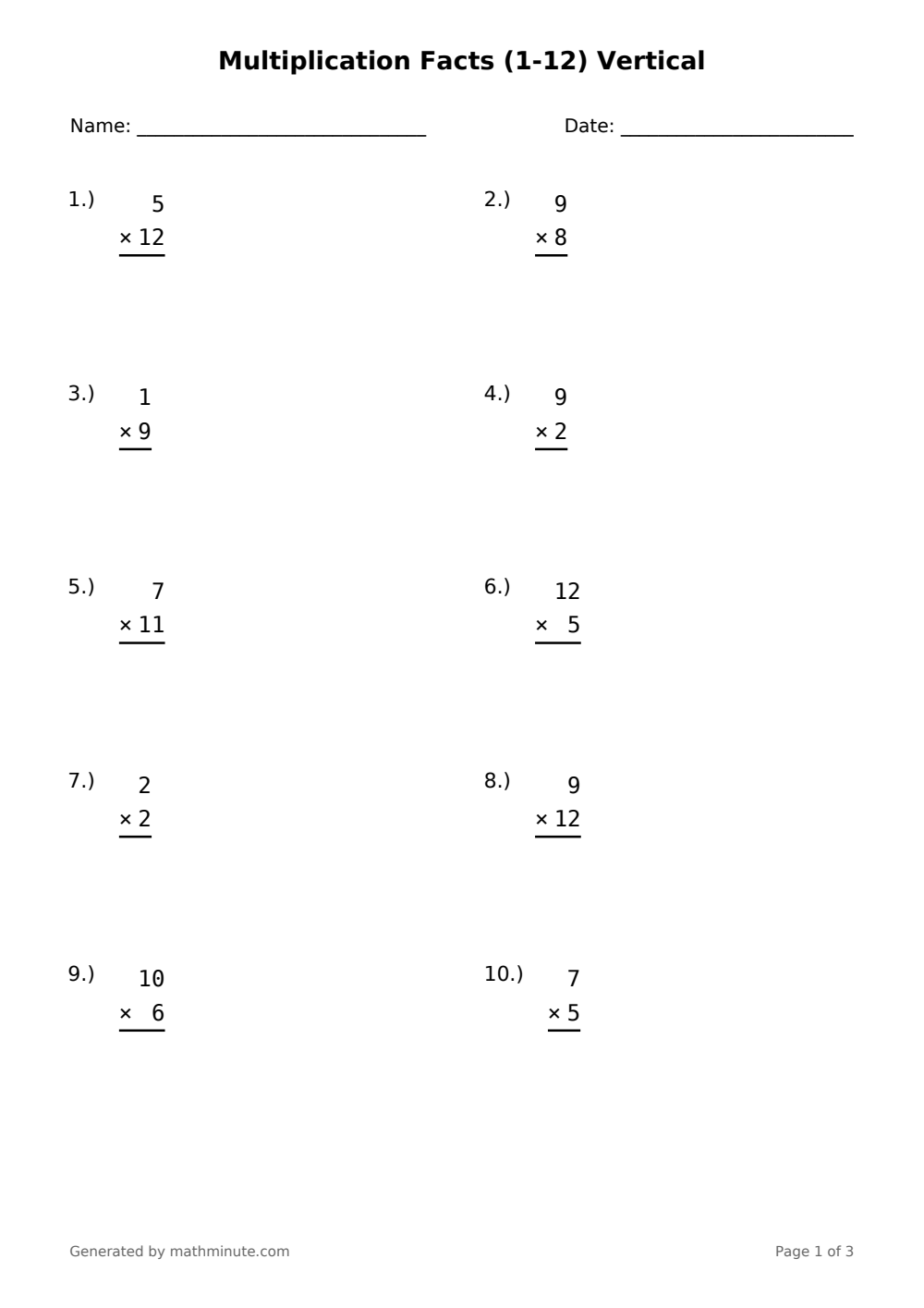 Free printable Multiplication Facts (1-12) Vertical math worksheet — page 1 preview.