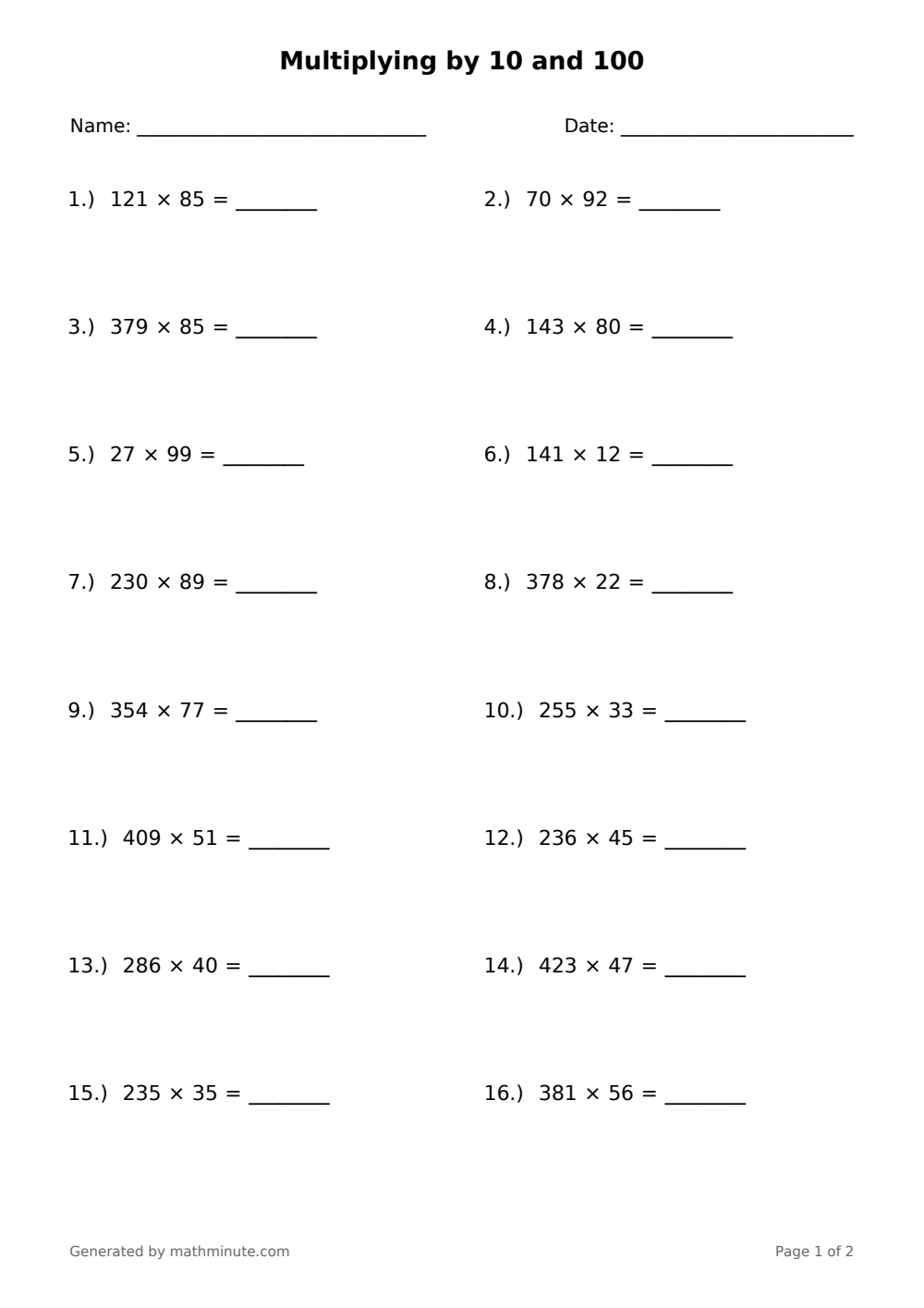 Free printable Multiplying by 10 and 100 math worksheet — page 1 preview.