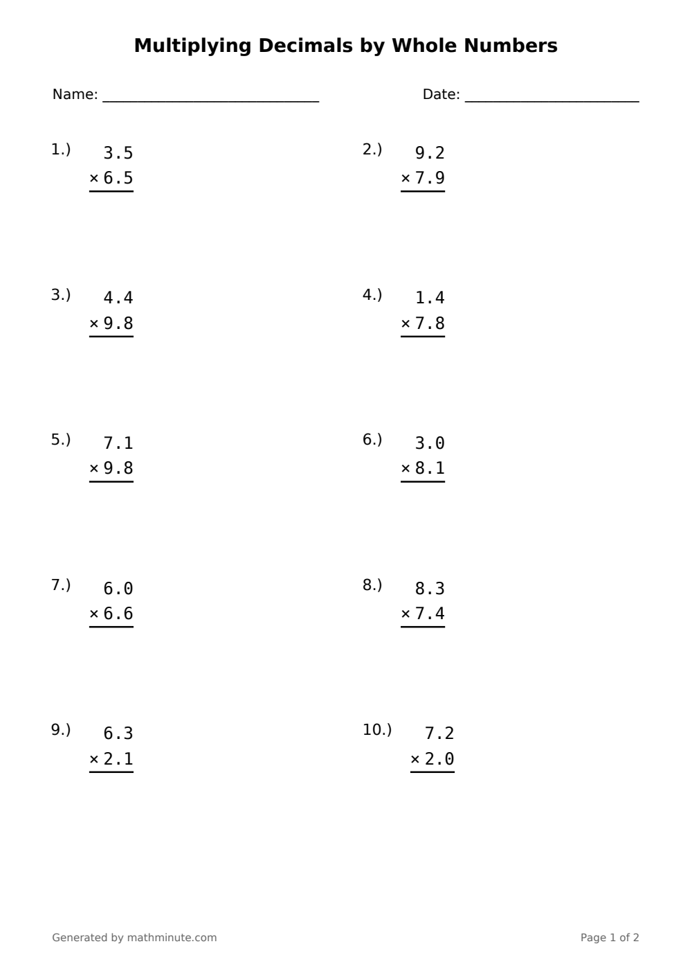 Free printable Multiplying Decimals by Whole Numbers math worksheet — page 1 preview.