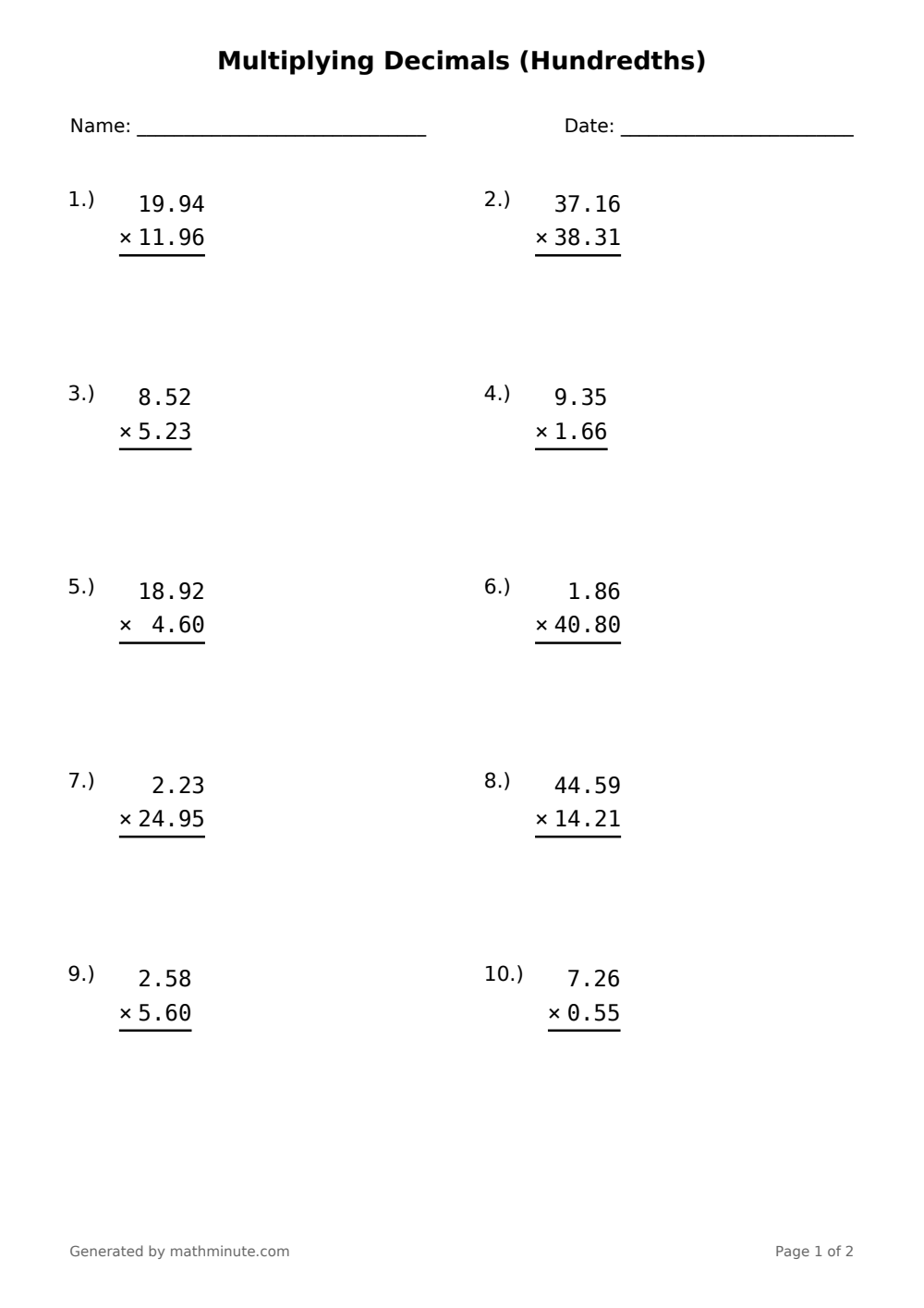 Free printable Multiplying Decimals (Hundredths) math worksheet — page 1 preview.