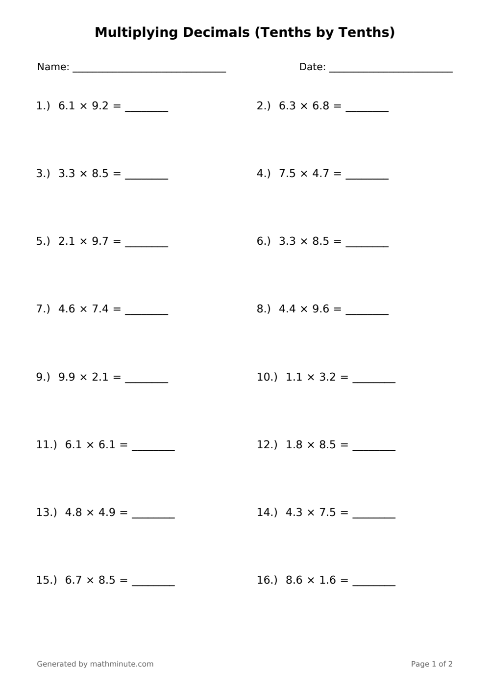 Free printable Multiplying Decimals (Tenths by Tenths) math worksheet — page 1 preview.