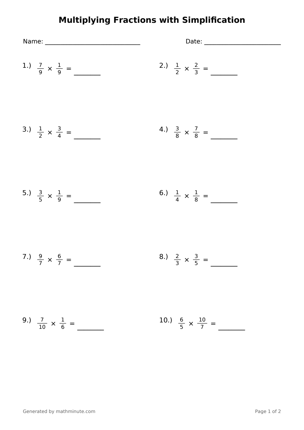 Free printable Multiplying Fractions with Simplification math worksheet — page 1 preview.