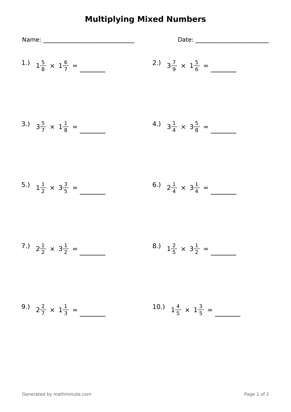 Free printable Multiplying Mixed Numbers math worksheet — page 1 preview.