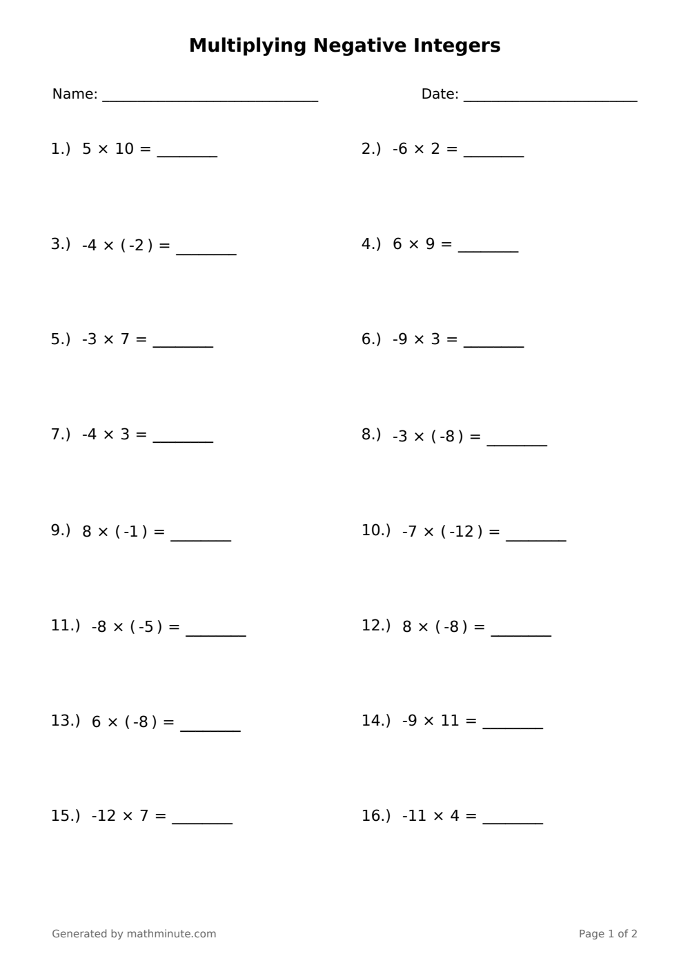 Free printable Multiplying Negative Integers math worksheet — page 1 preview.
