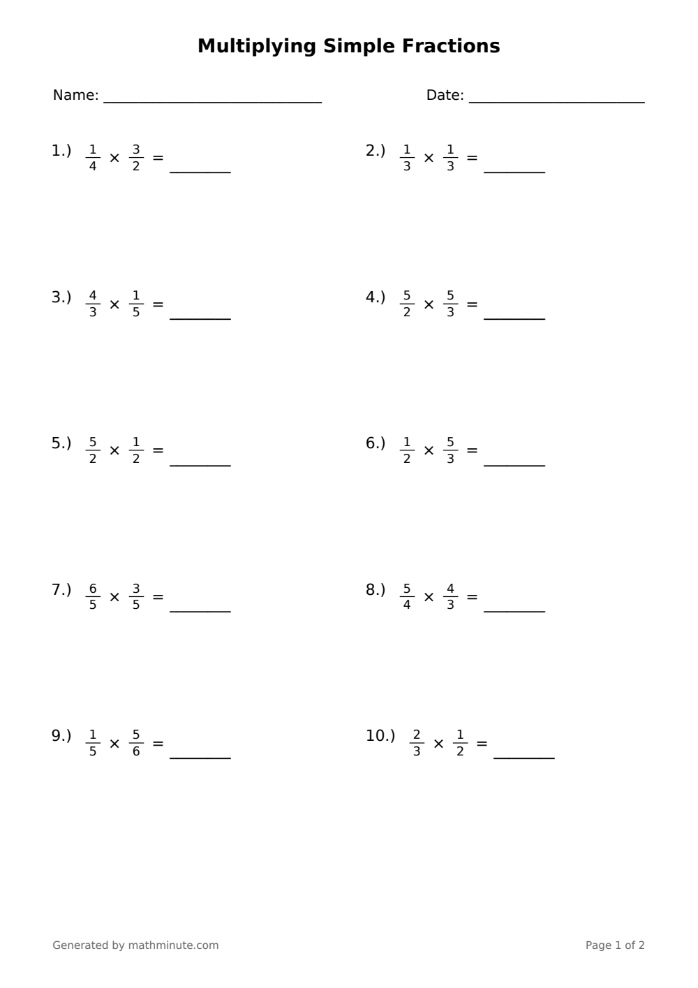 Free printable Multiplying Simple Fractions math worksheet — page 1 preview.