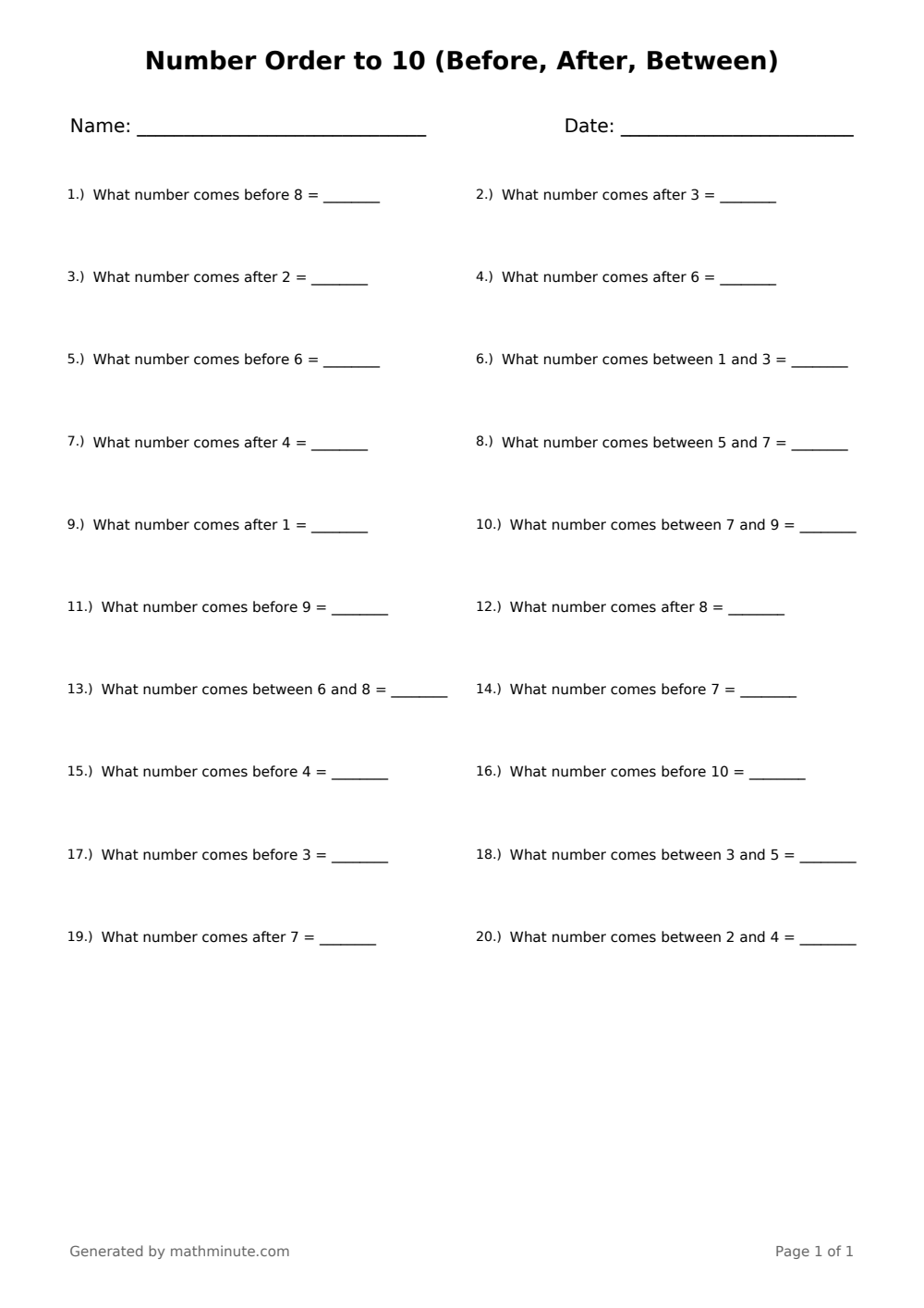 Free printable Number Order to 10 (Before, After, Between) math worksheet — page 1 preview.