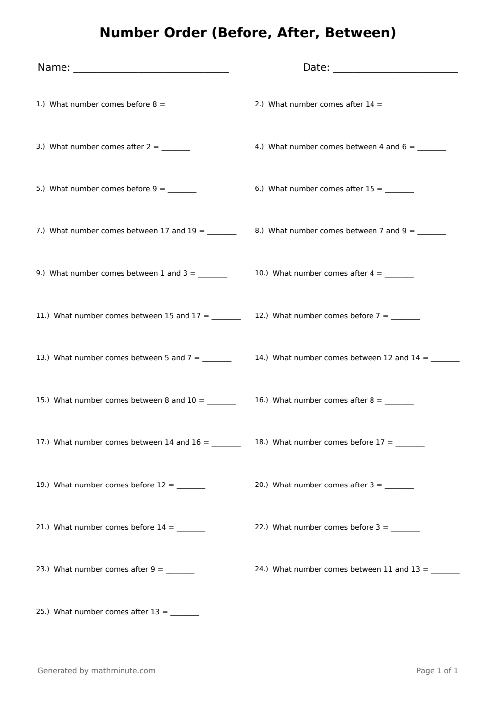 Free printable Number Order (Before, After, Between) math worksheet — page 1 preview.