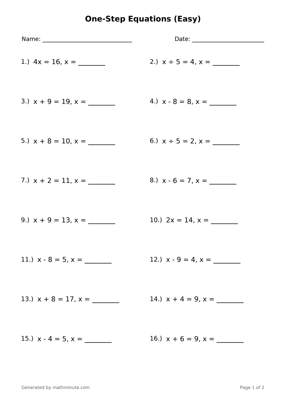 Free printable One-Step Equations (Easy) math worksheet — page 1 preview.