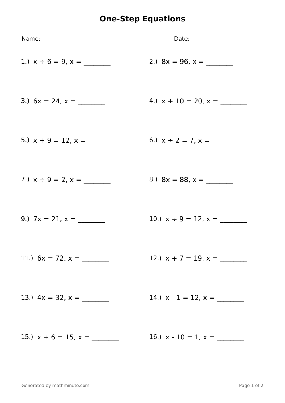 Free printable One-Step Equations math worksheet — page 1 preview.