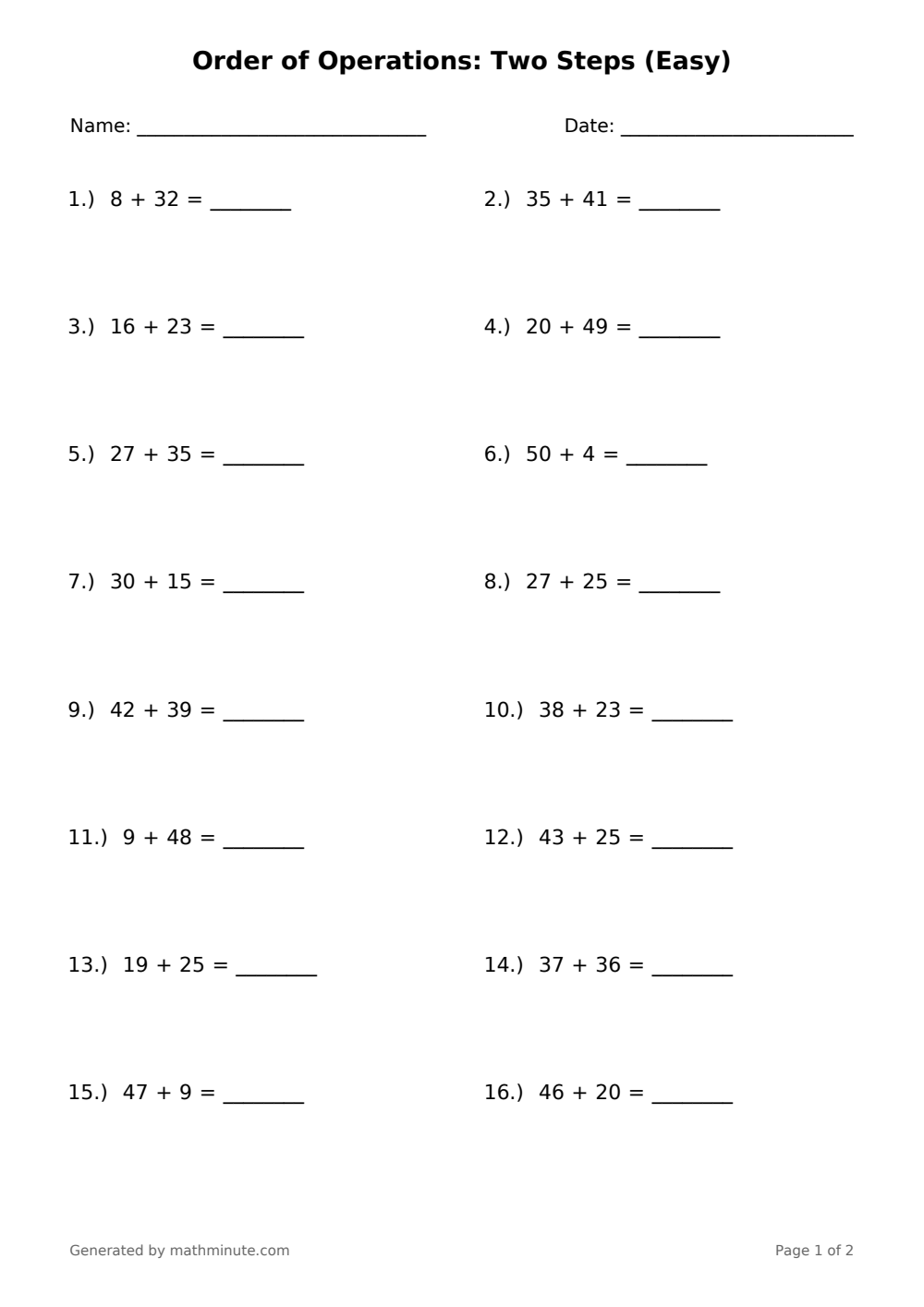 Free printable Order of Operations: Two Steps (Easy) math worksheet — page 1 preview.