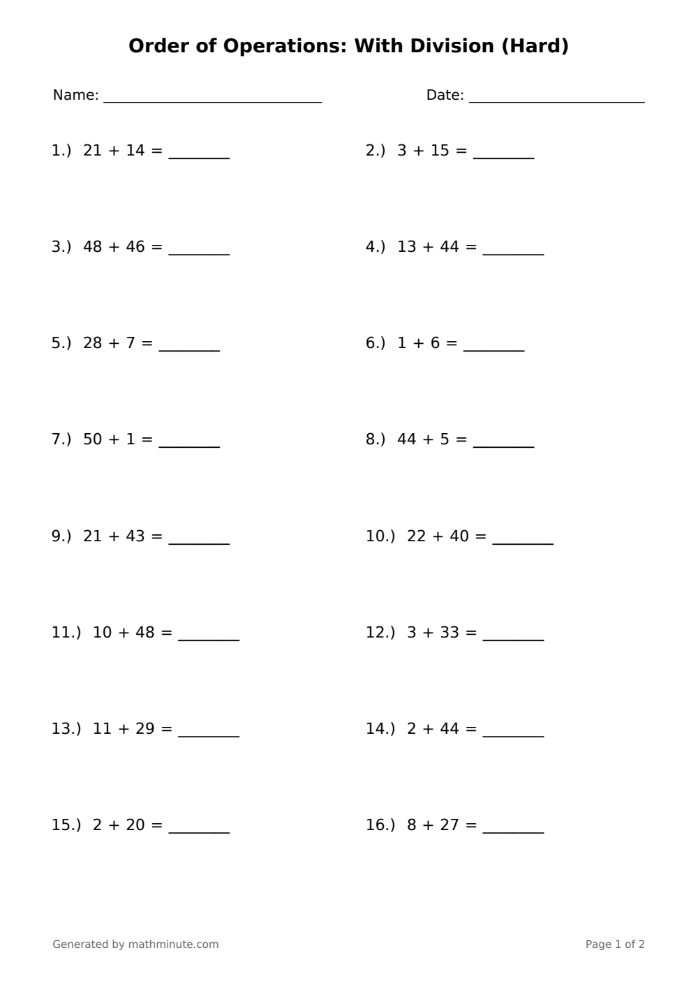 Free printable Order of Operations: With Division (Hard) math worksheet — page 1 preview.