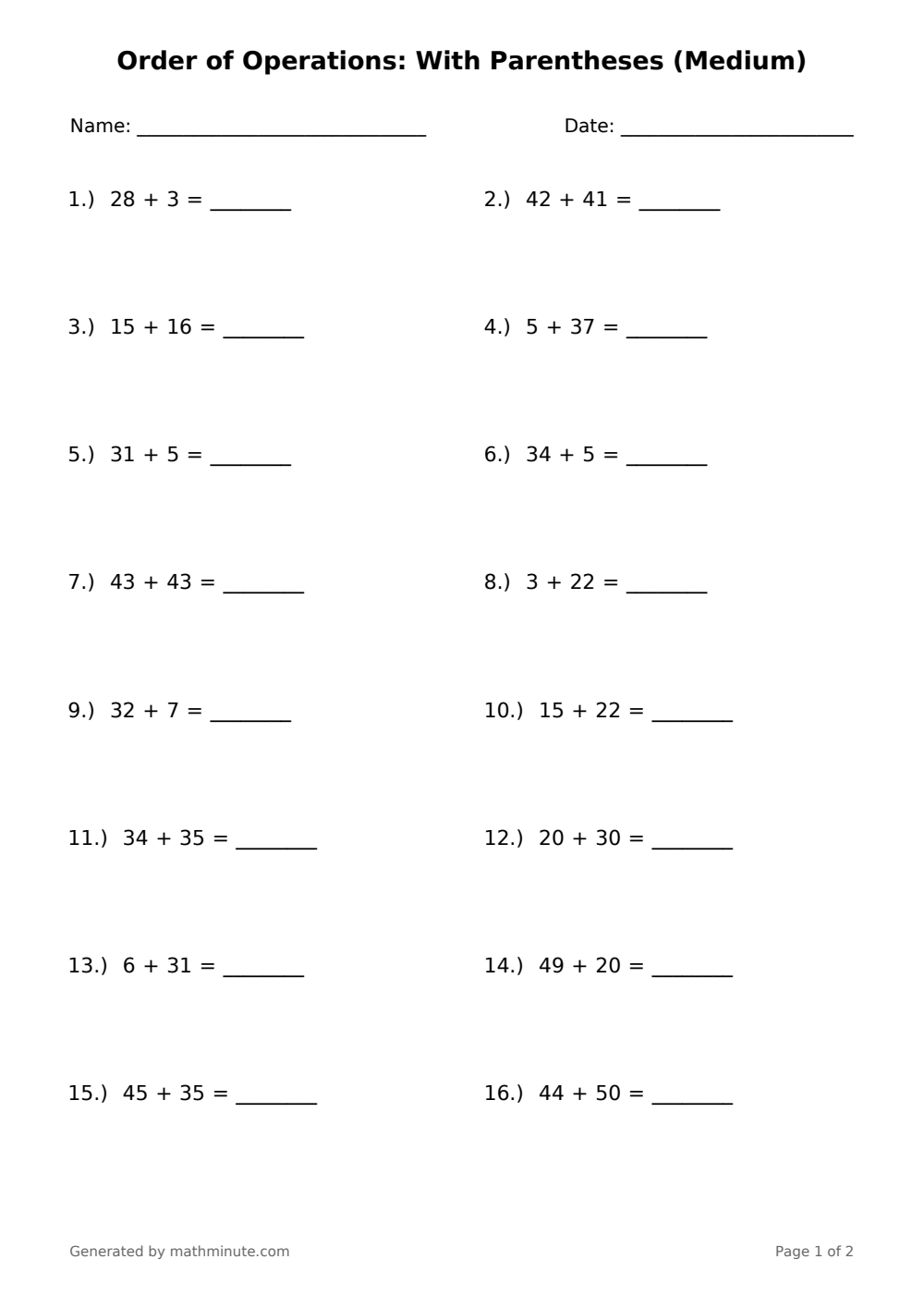 Free printable Order of Operations: With Parentheses (Medium) math worksheet — page 1 preview.