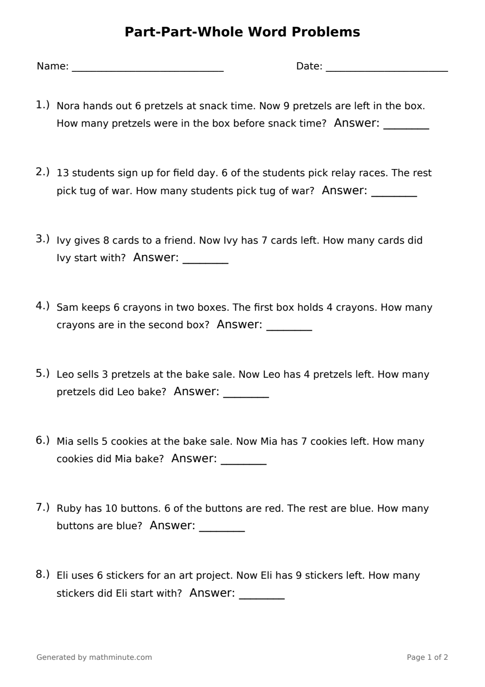 Free printable Part-Part-Whole Word Problems math worksheet — page 1 preview.