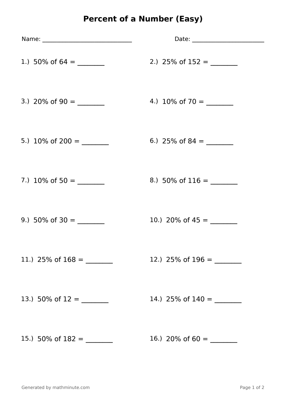 Free printable Percent of a Number (Easy) math worksheet — page 1 preview.