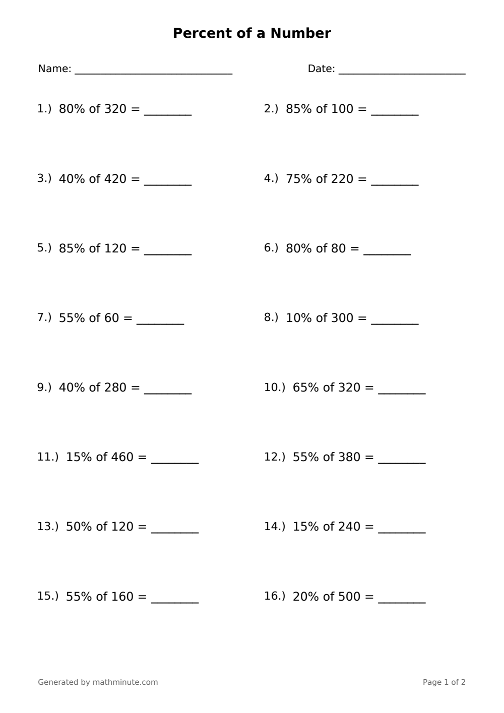Free printable Percent of a Number math worksheet — page 1 preview.