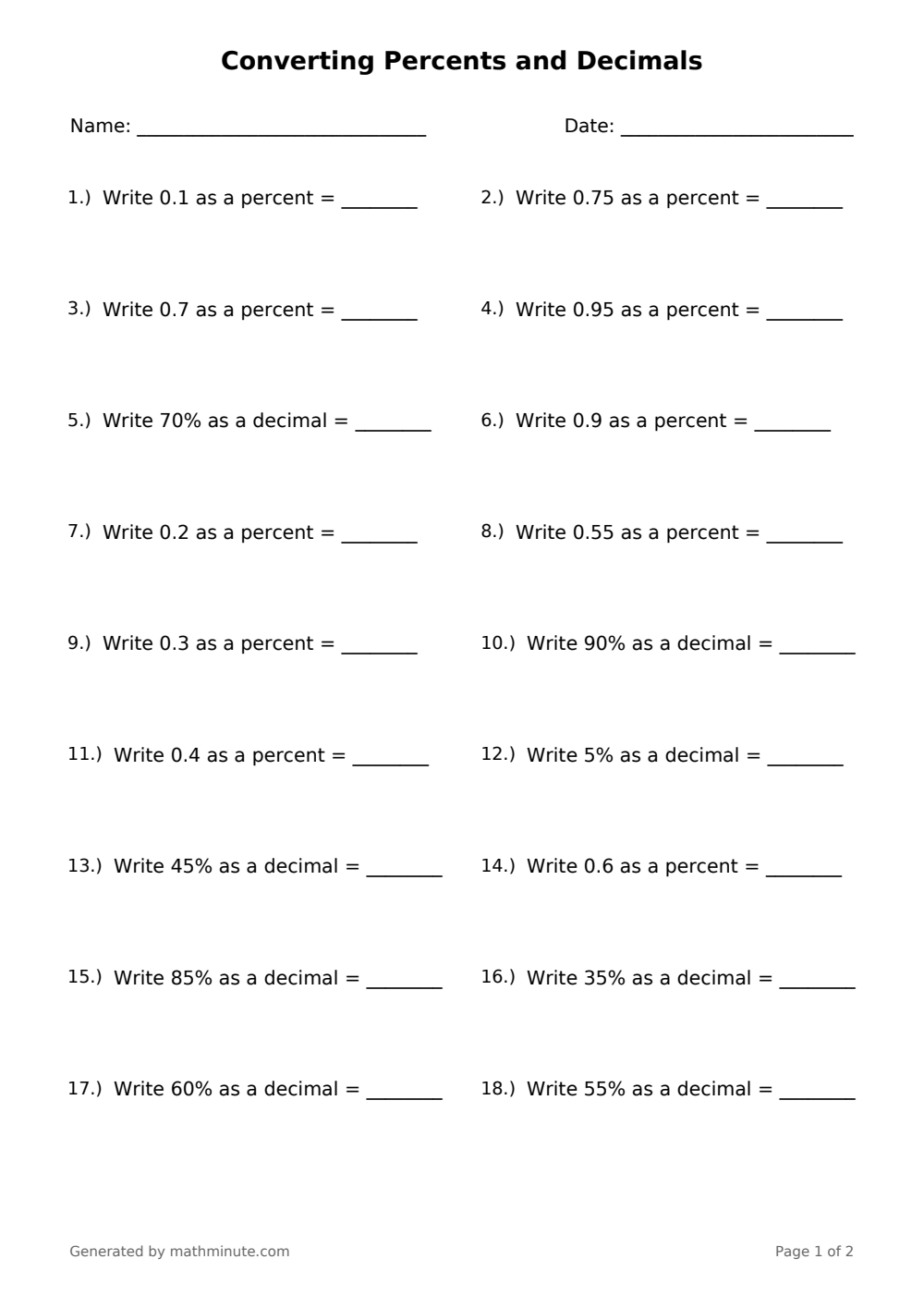 Free printable Converting Percents and Decimals math worksheet — page 1 preview.