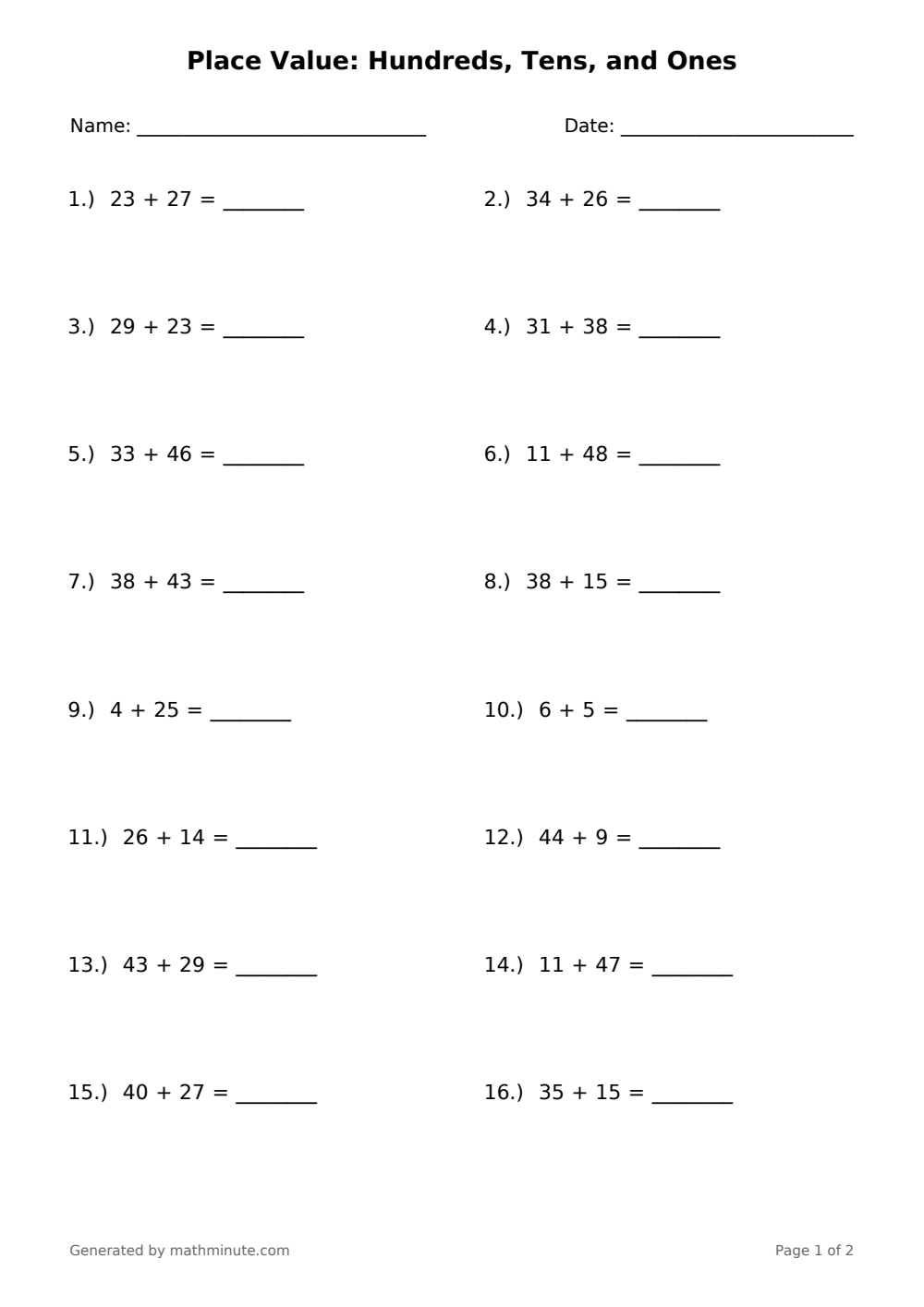 Free printable Place Value: Hundreds, Tens, and Ones math worksheet — page 1 preview.