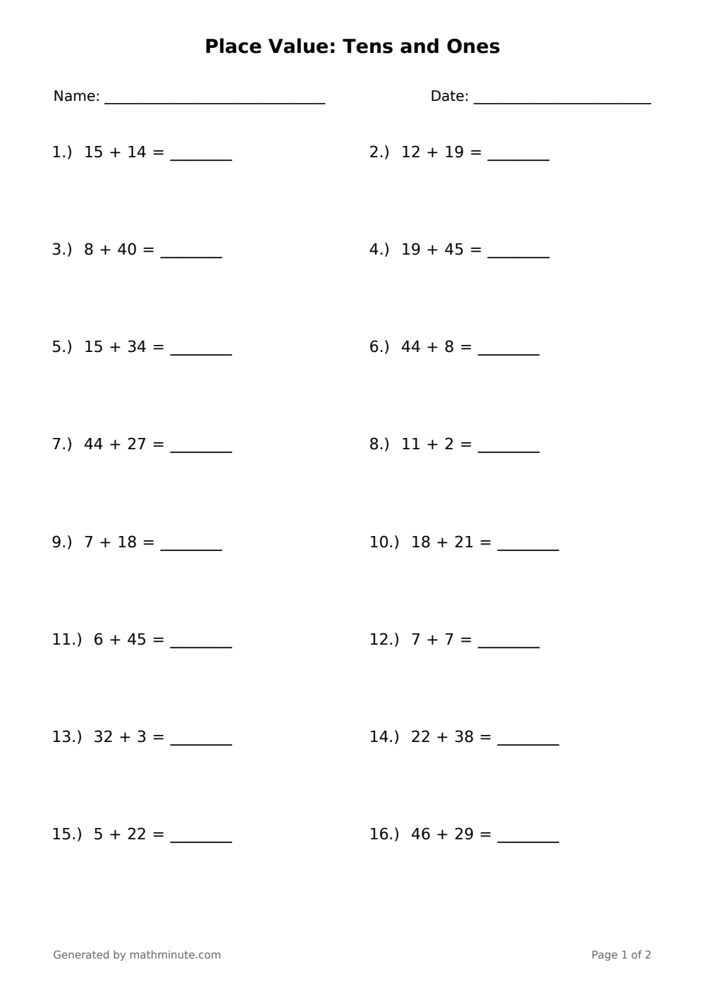 Free printable Place Value: Tens and Ones math worksheet — page 1 preview.