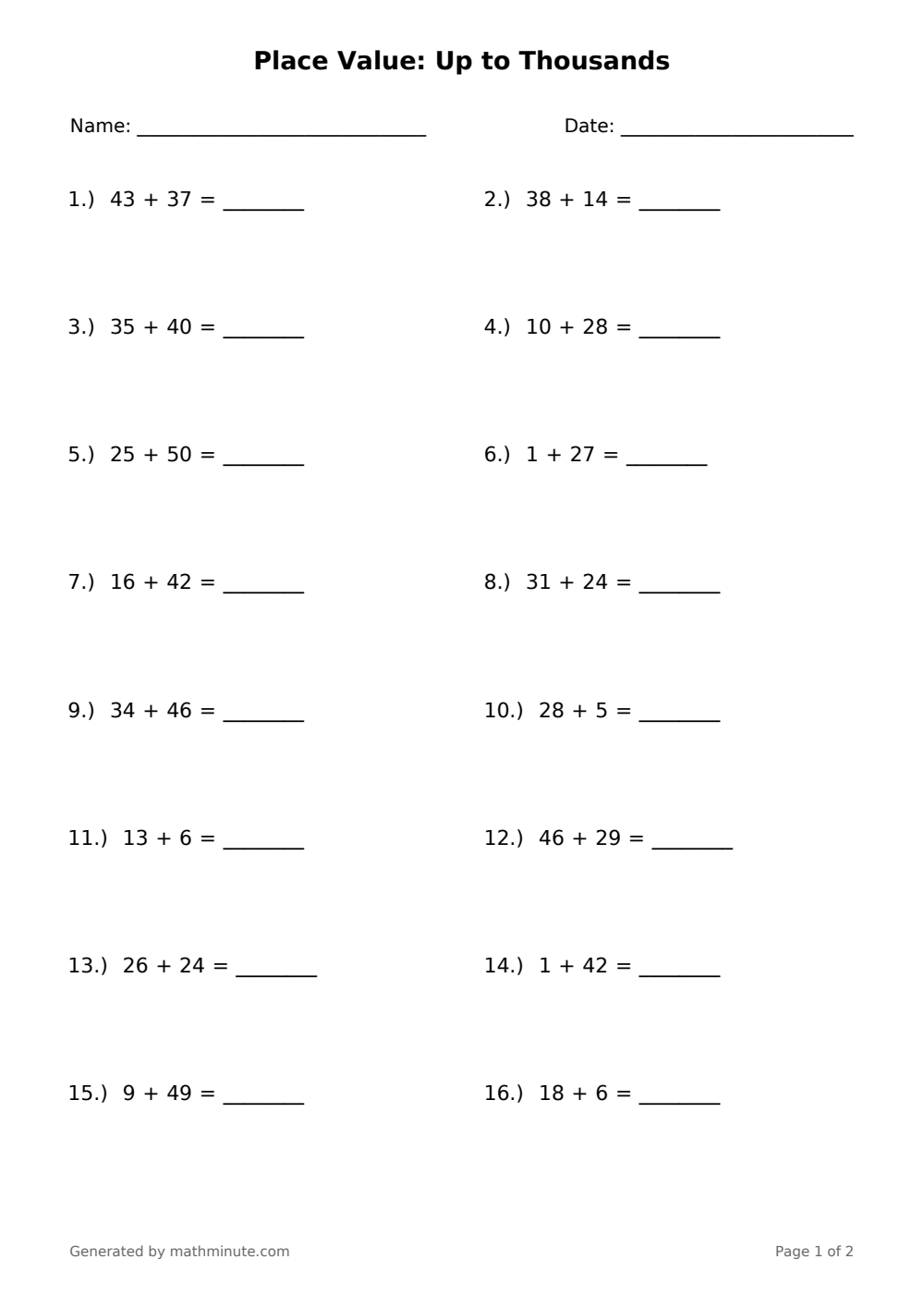 Free printable Place Value: Up to Thousands math worksheet — page 1 preview.