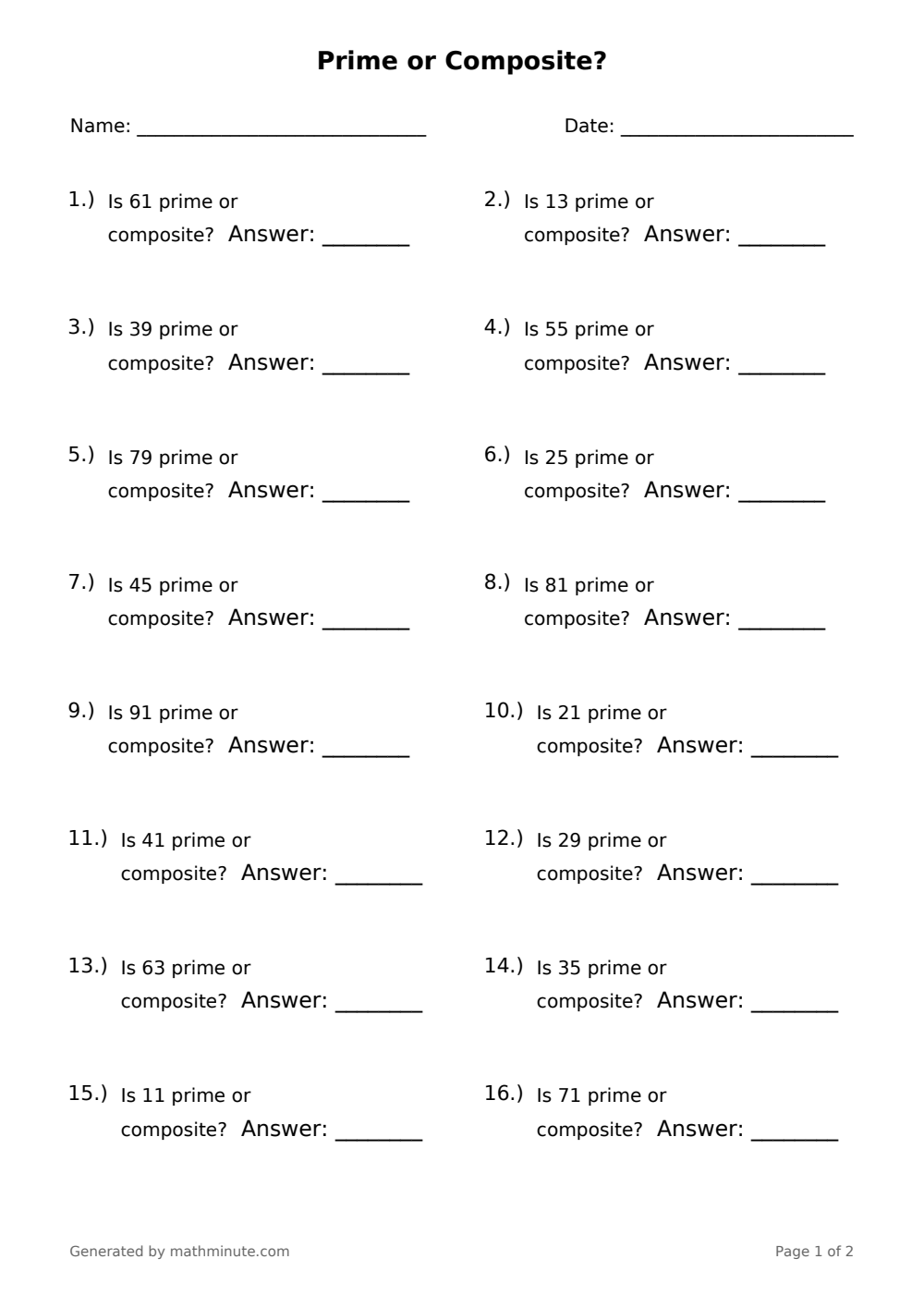 Free printable Prime or Composite? math worksheet — page 1 preview.
