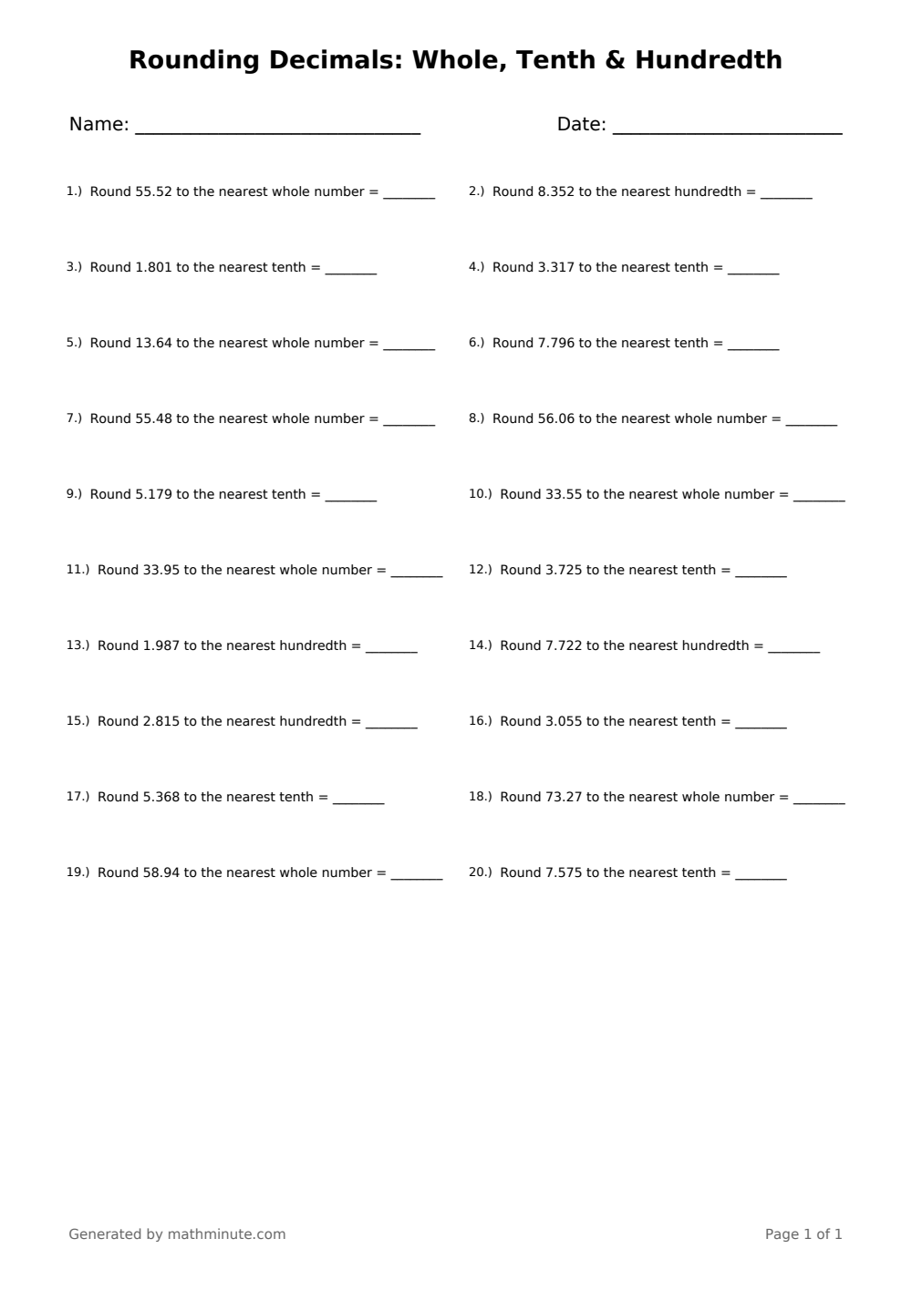 Free printable Rounding Decimals: Whole, Tenth & Hundredth math worksheet — page 1 preview.