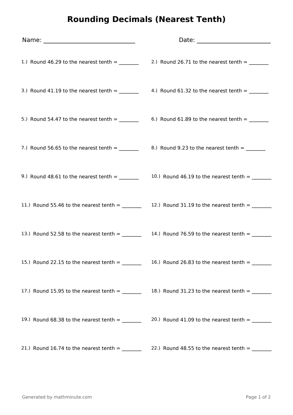 Free printable Rounding Decimals (Nearest Tenth) math worksheet — page 1 preview.
