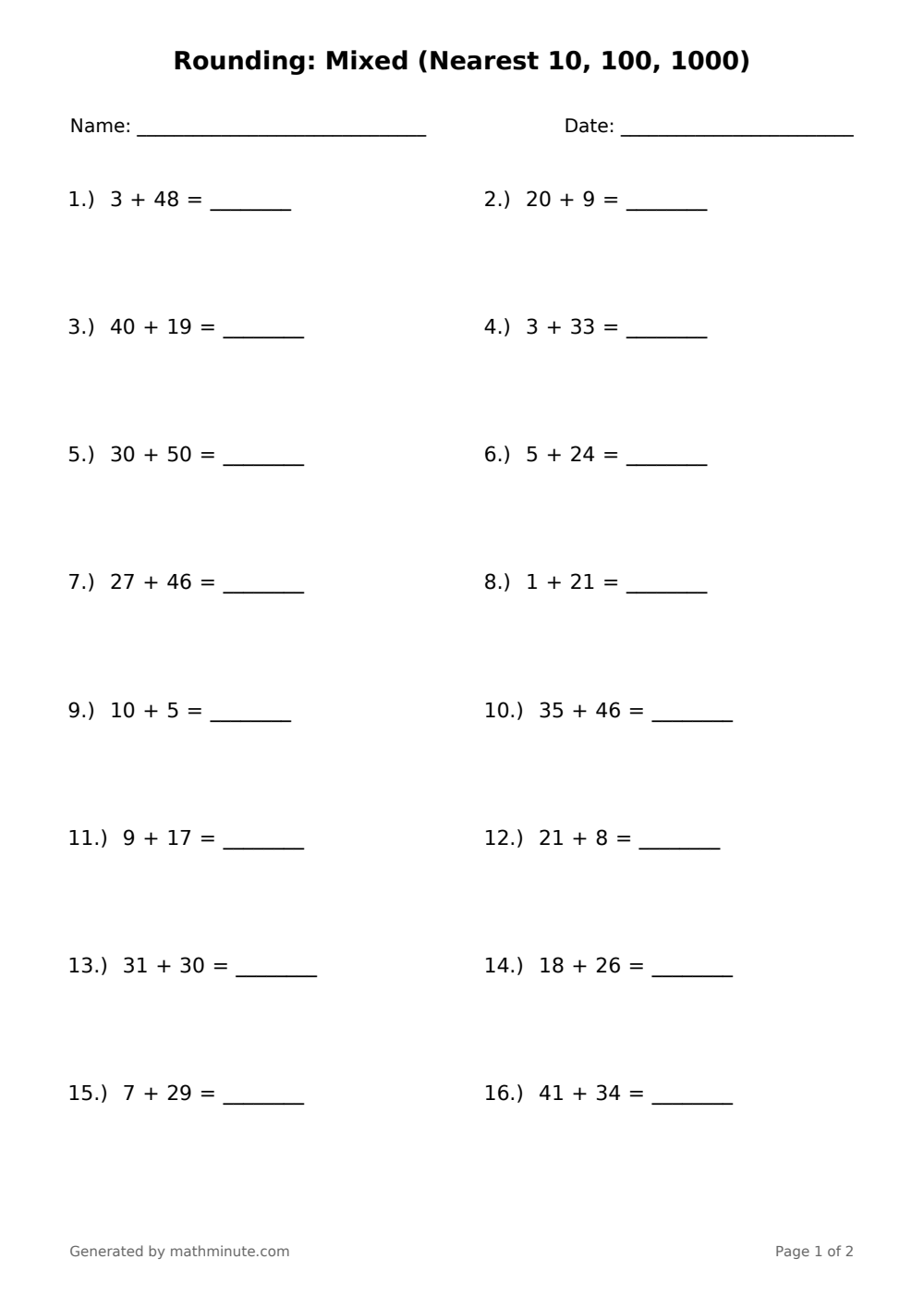 Free printable Rounding: Mixed (Nearest 10, 100, 1000) math worksheet — page 1 preview.