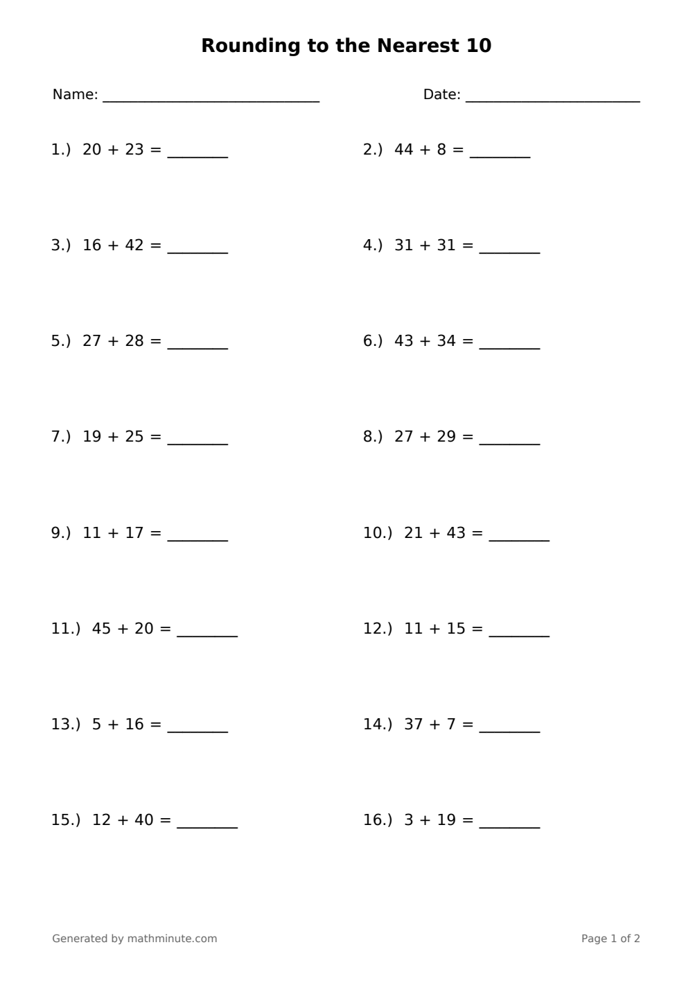 Free printable Rounding to the Nearest 10 math worksheet — page 1 preview.
