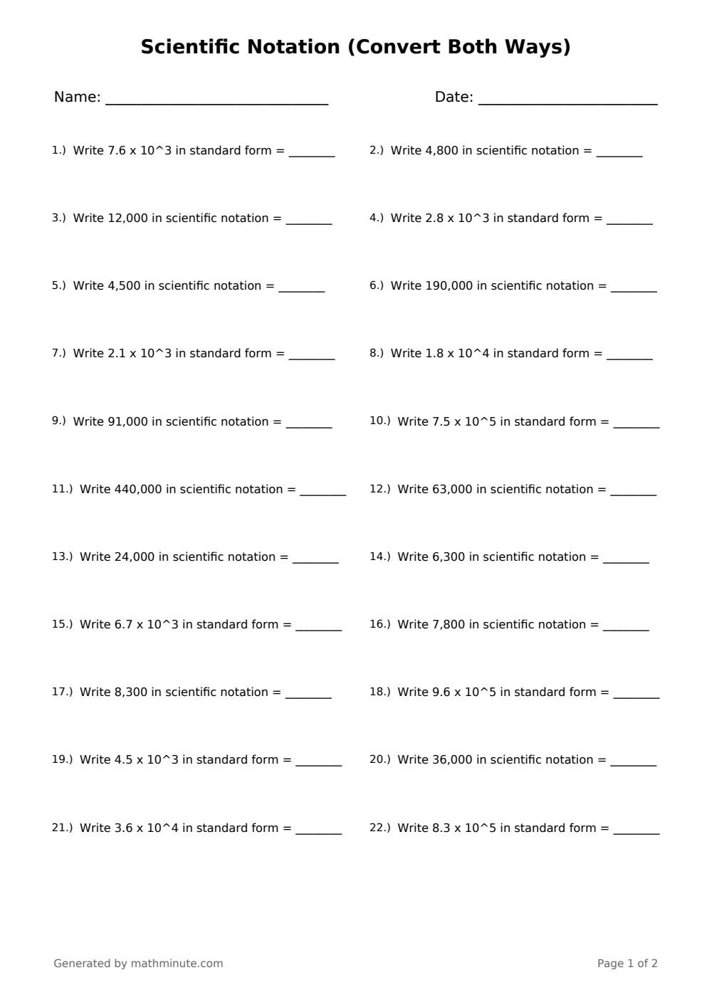Free printable Scientific Notation (Convert Both Ways) math worksheet — page 1 preview.