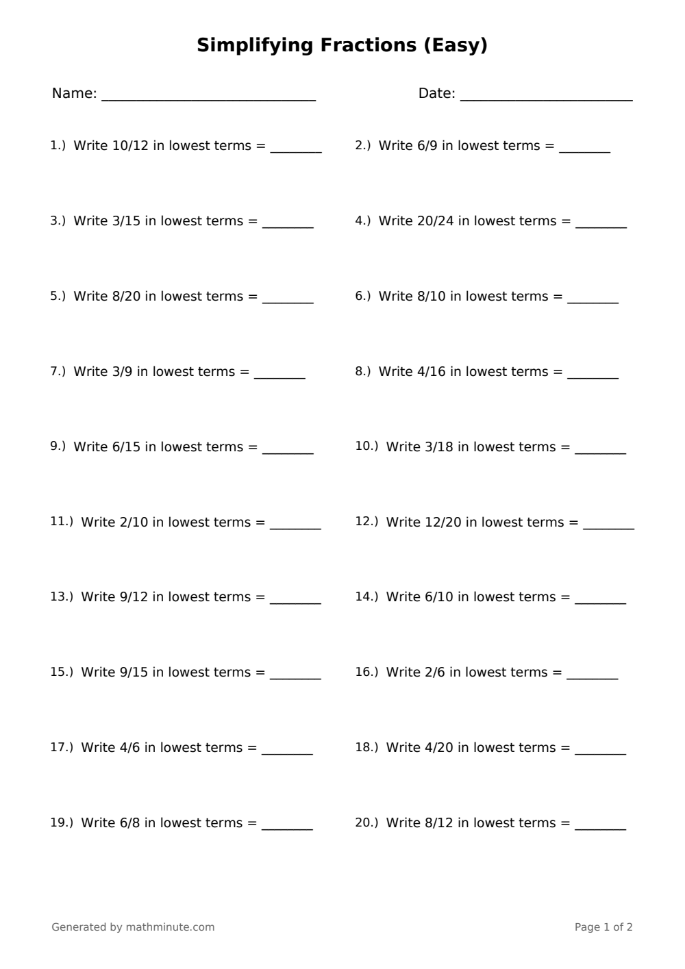 Free printable Simplifying Fractions (Easy) math worksheet — page 1 preview.