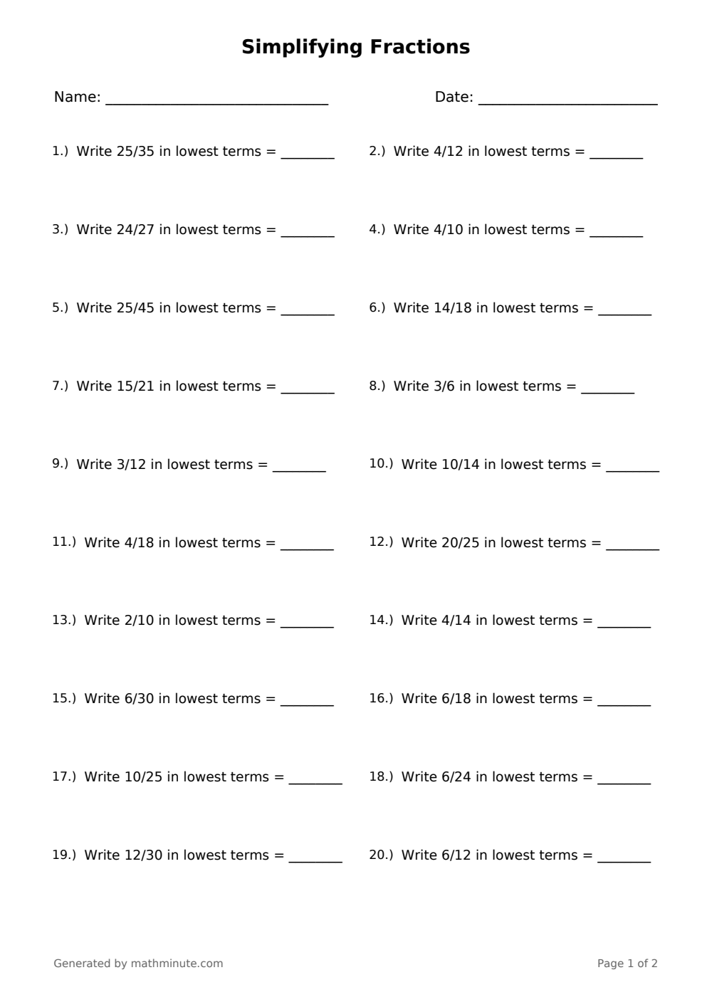 Free printable Simplifying Fractions math worksheet — page 1 preview.