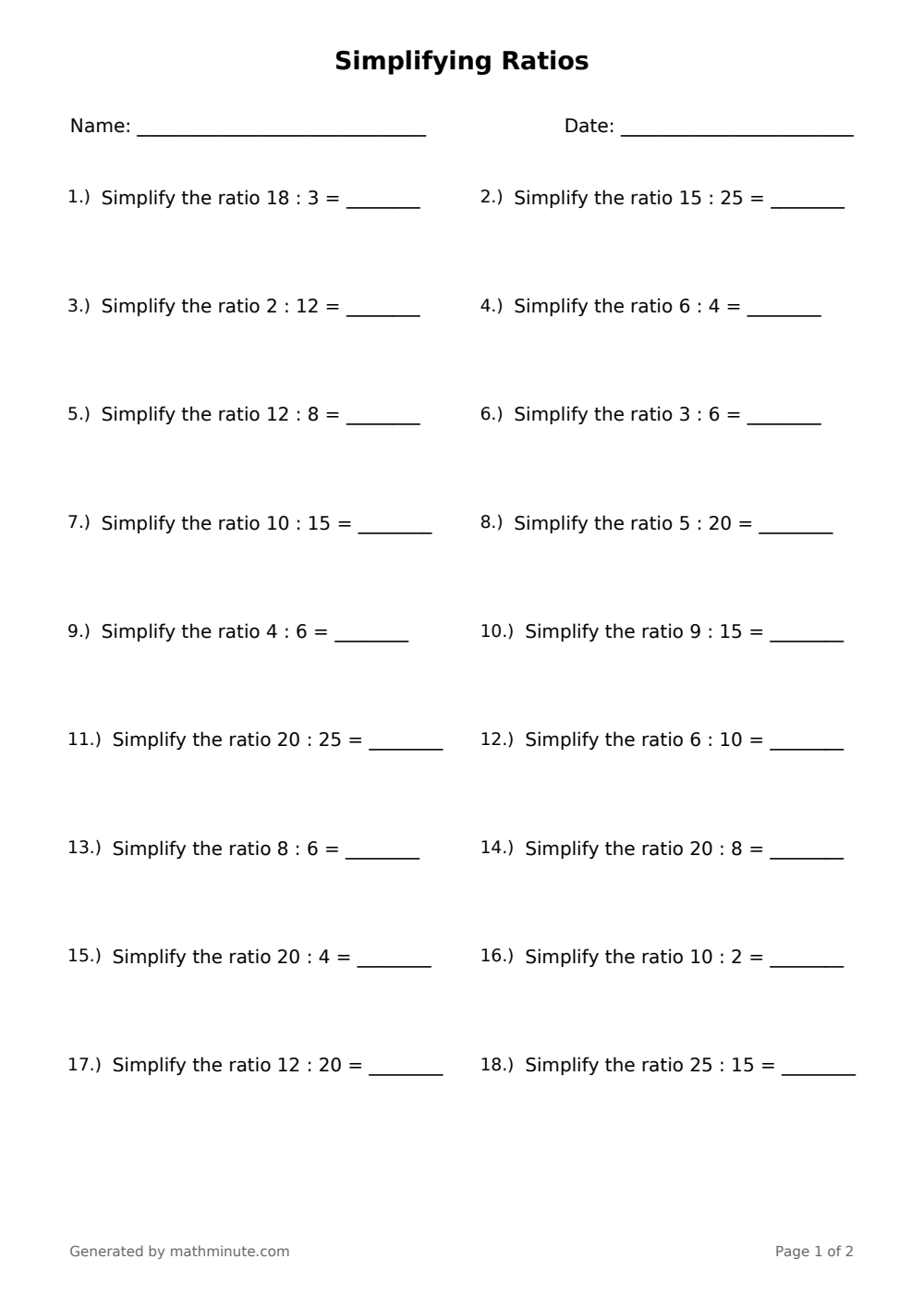Free printable Simplifying Ratios math worksheet — page 1 preview.