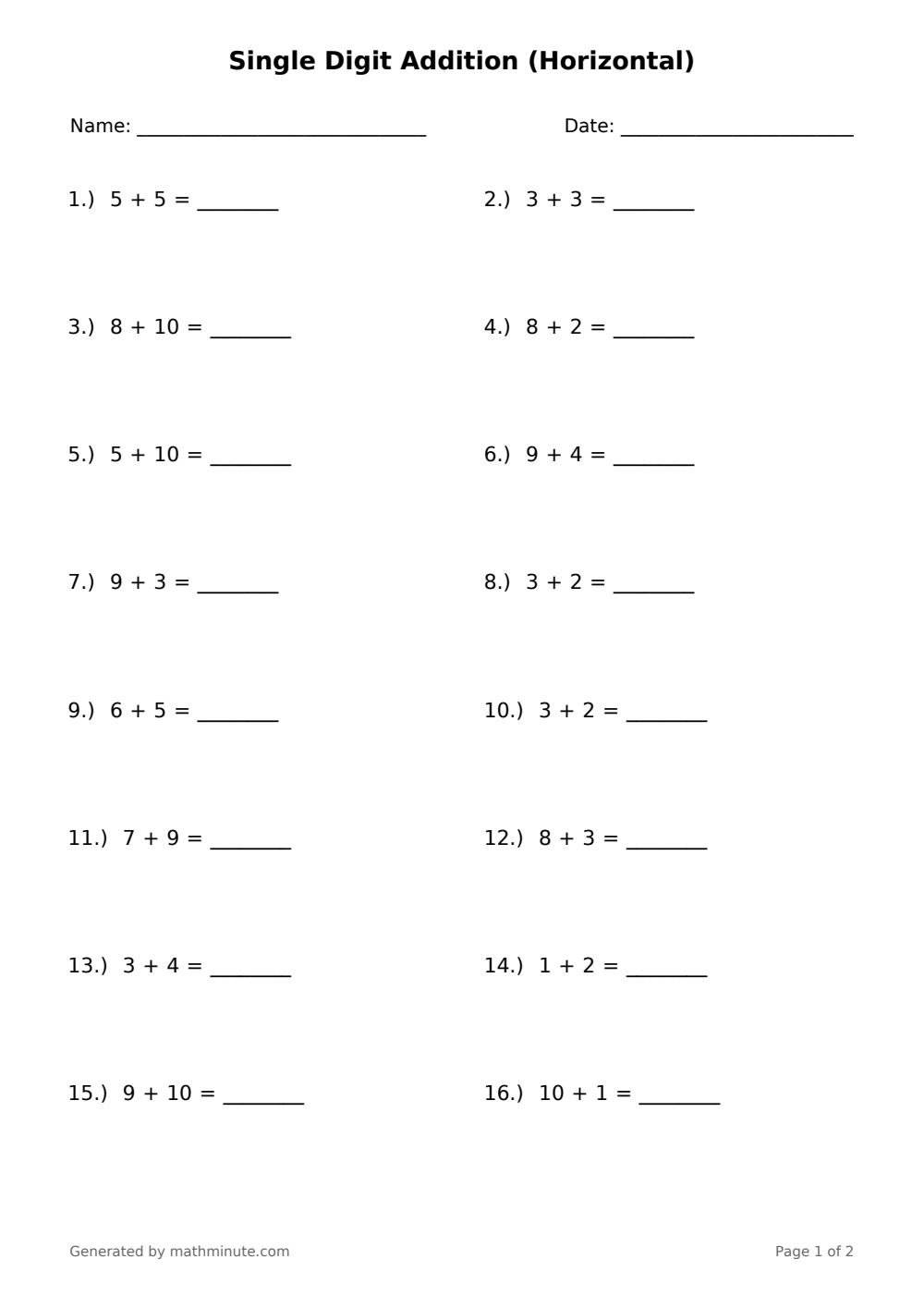 Free printable Single Digit Addition (Horizontal) math worksheet — page 1 preview.
