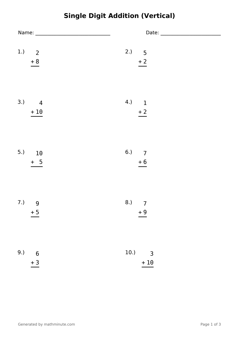Free printable Single Digit Addition (Vertical) math worksheet — page 1 preview.