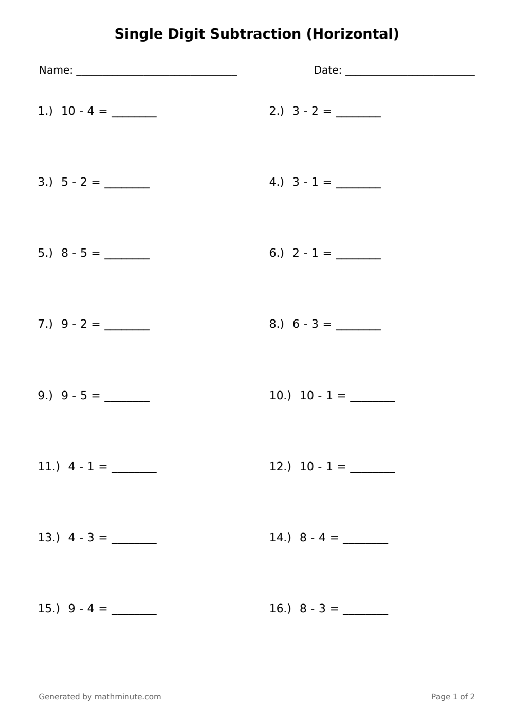 Free printable Single Digit Subtraction (Horizontal) math worksheet — page 1 preview.