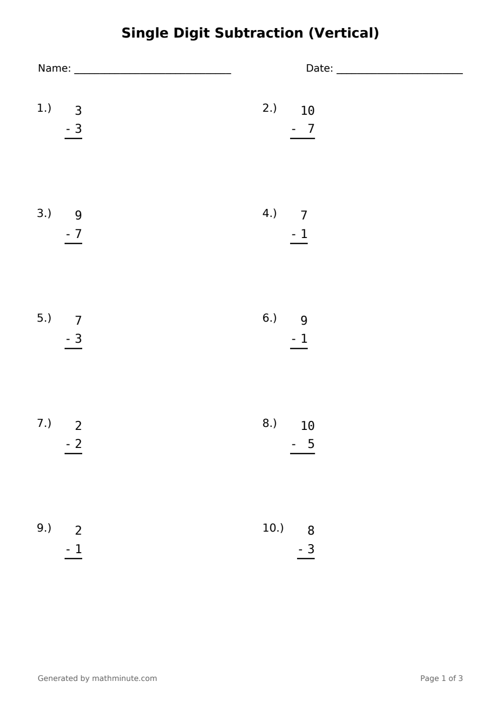 Free printable Single Digit Subtraction (Vertical) math worksheet — page 1 preview.