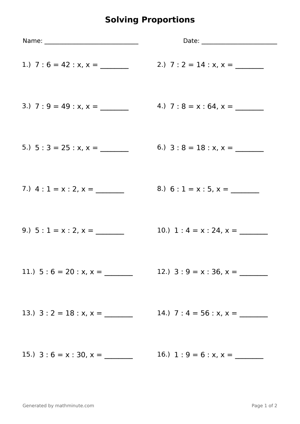 Free printable Solving Proportions math worksheet — page 1 preview.