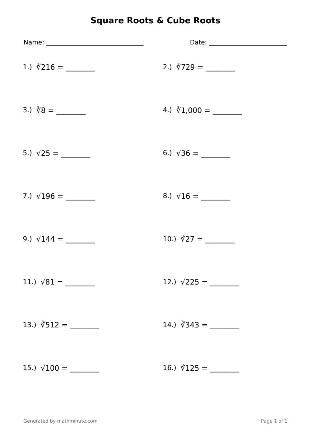 Free printable Square Roots & Cube Roots math worksheet — page 1 preview.