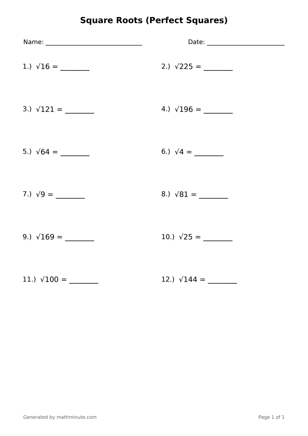 Free printable Square Roots (Perfect Squares) math worksheet — page 1 preview.
