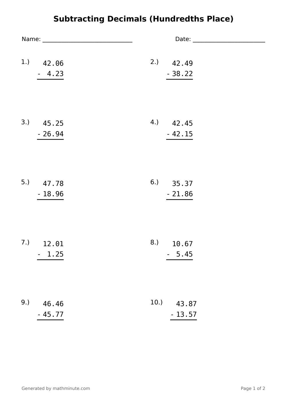 Free printable Subtracting Decimals (Hundredths Place) math worksheet — page 1 preview.