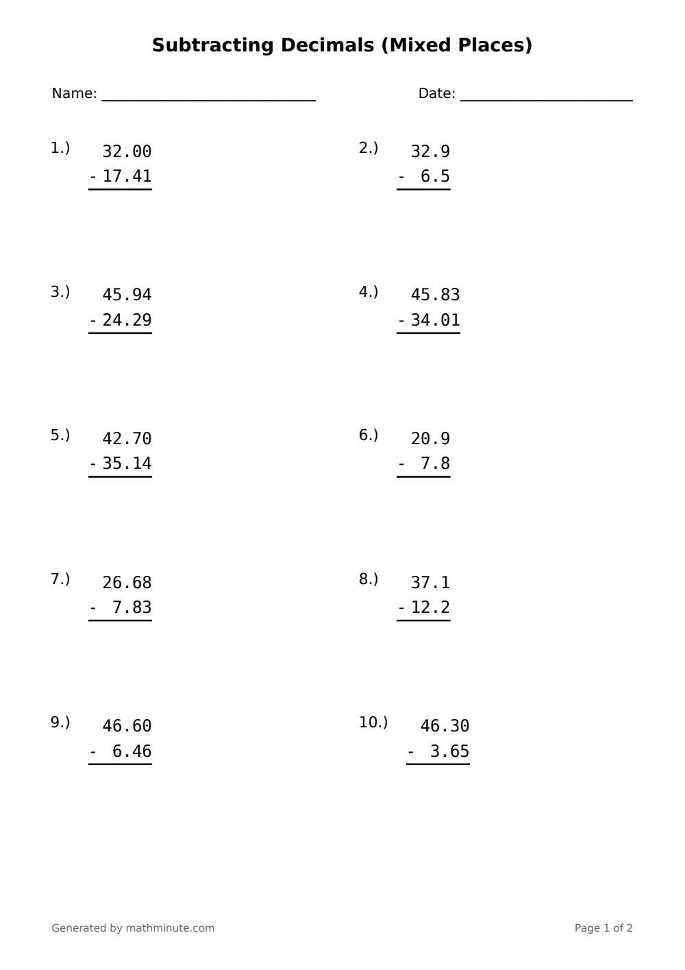 Free printable Subtracting Decimals (Mixed Places) math worksheet — page 1 preview.