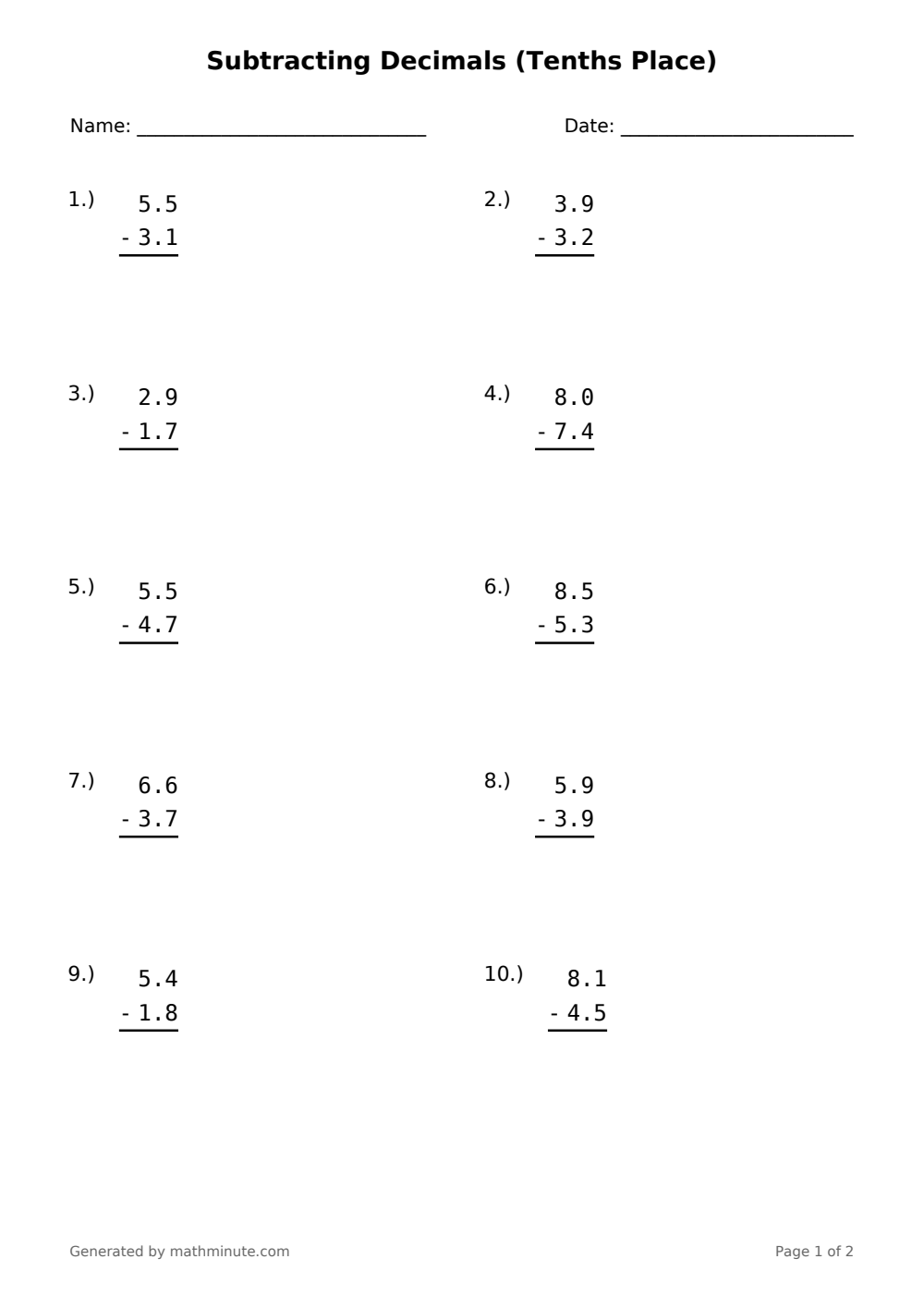 Free printable Subtracting Decimals (Tenths Place) math worksheet — page 1 preview.