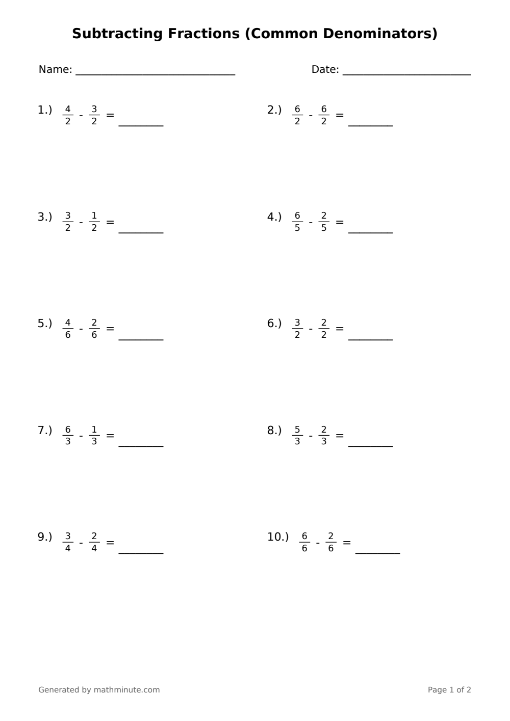 Free printable Subtracting Fractions (Common Denominators) math worksheet — page 1 preview.