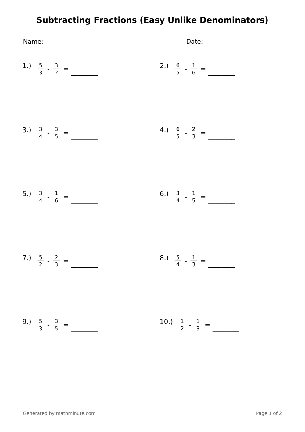 Free printable Subtracting Fractions (Easy Unlike Denominators) math worksheet — page 1 preview.