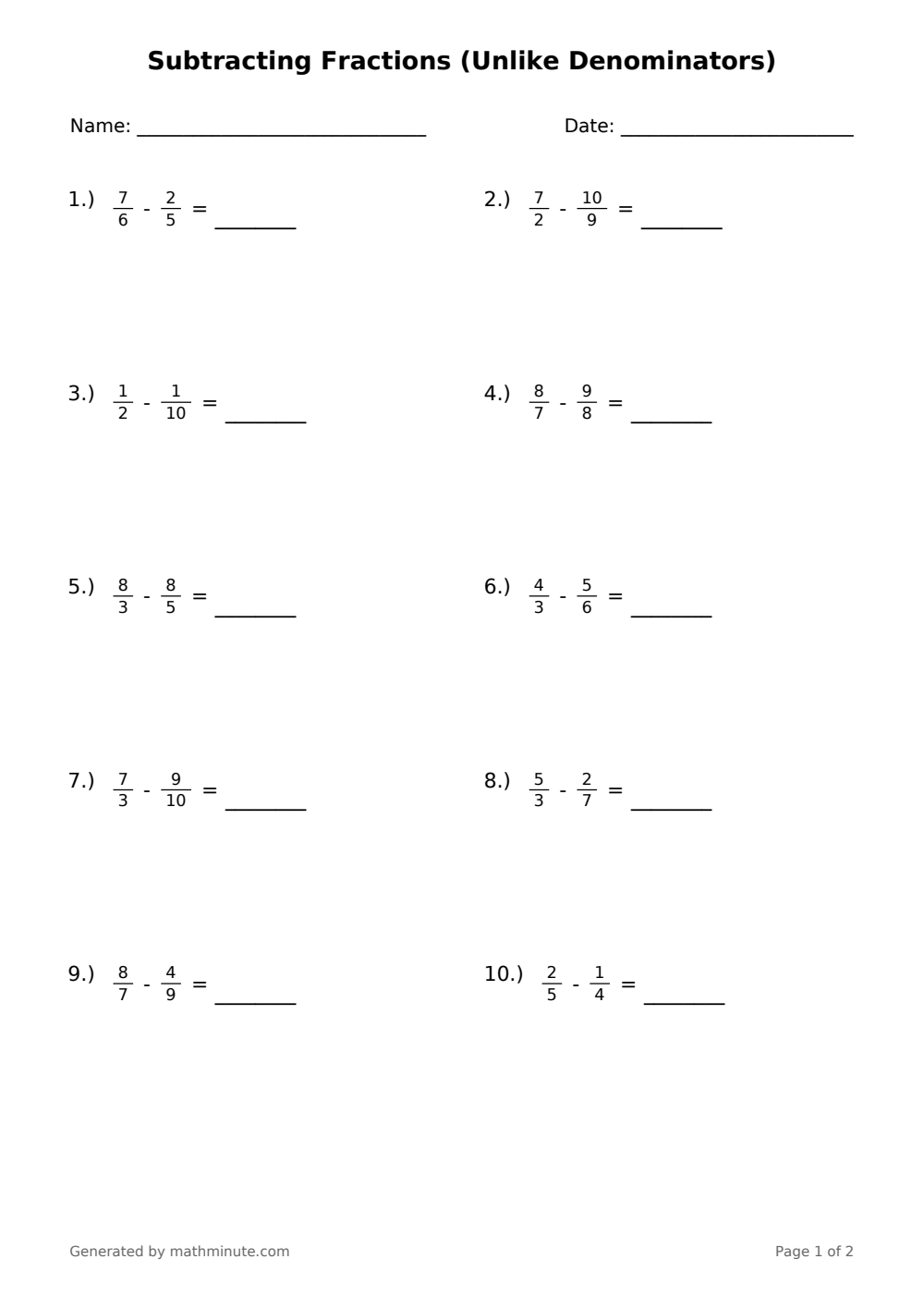 Free printable Subtracting Fractions (Unlike Denominators) math worksheet — page 1 preview.