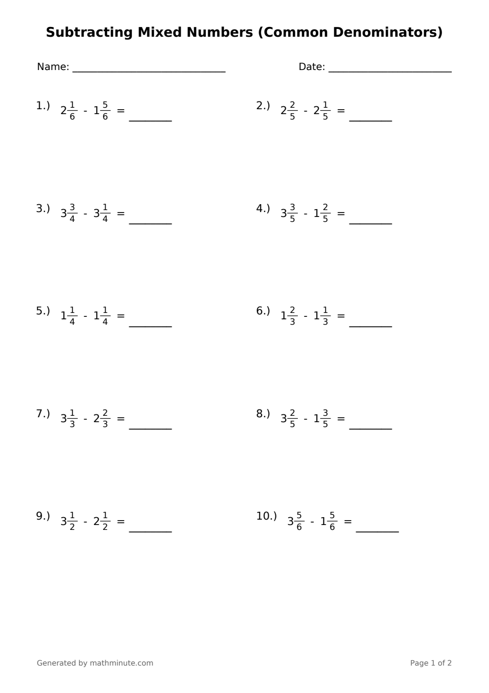 Free printable Subtracting Mixed Numbers (Common Denominators) math worksheet — page 1 preview.