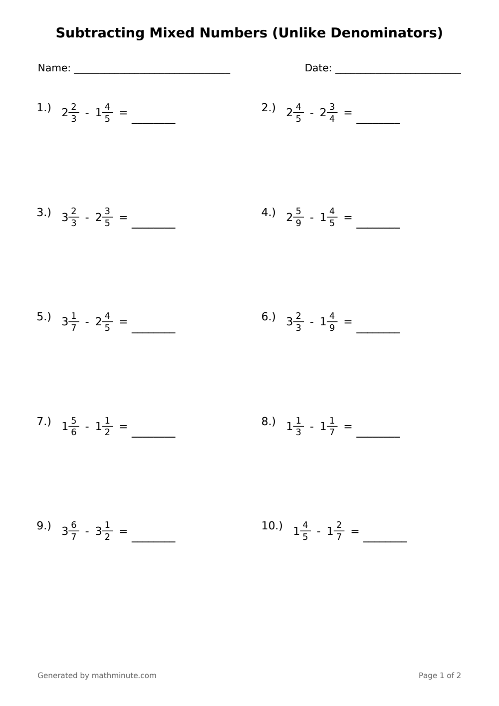 Free printable Subtracting Mixed Numbers (Unlike Denominators) math worksheet — page 1 preview.