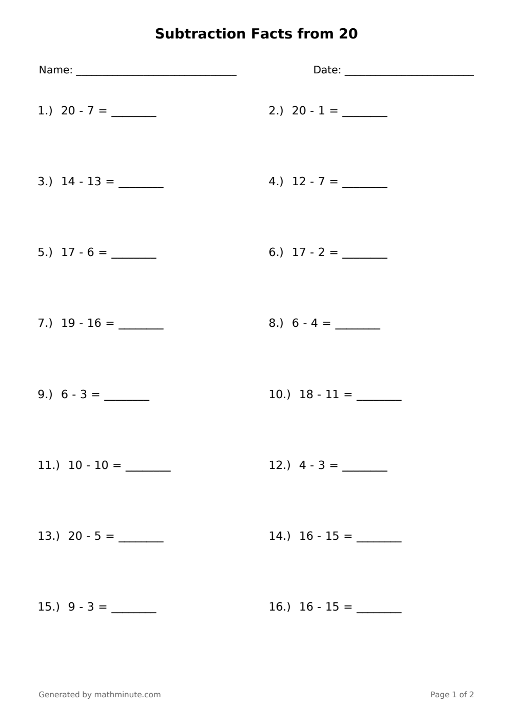Free printable Subtraction Facts from 20 math worksheet — page 1 preview.