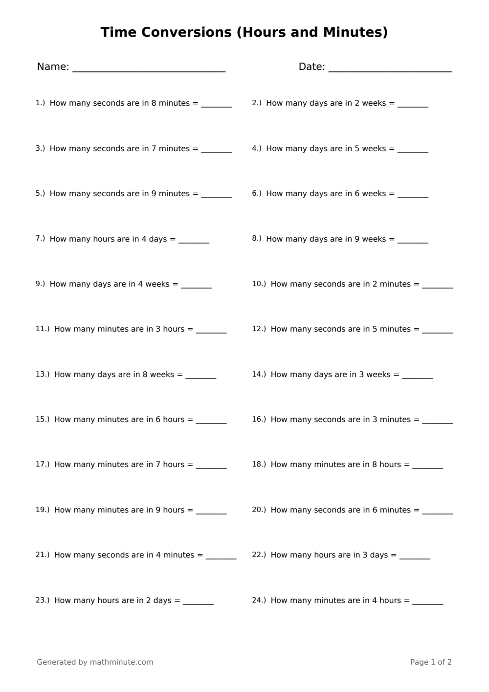 Free printable Time Conversions (Hours and Minutes) math worksheet — page 1 preview.