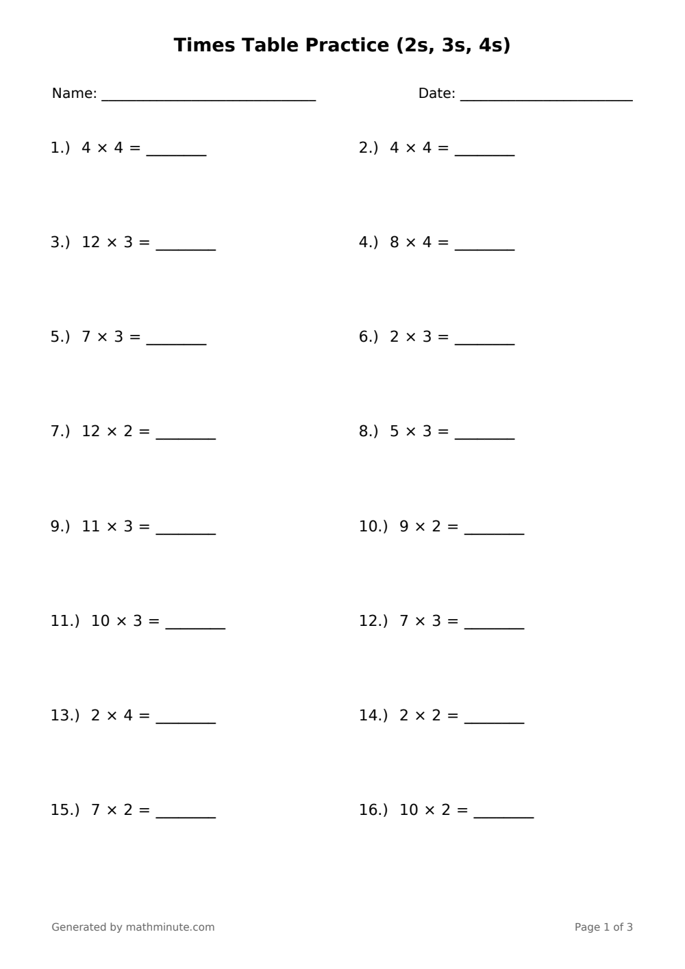 Free printable Times Table Practice (2s, 3s, 4s) math worksheet — page 1 preview.